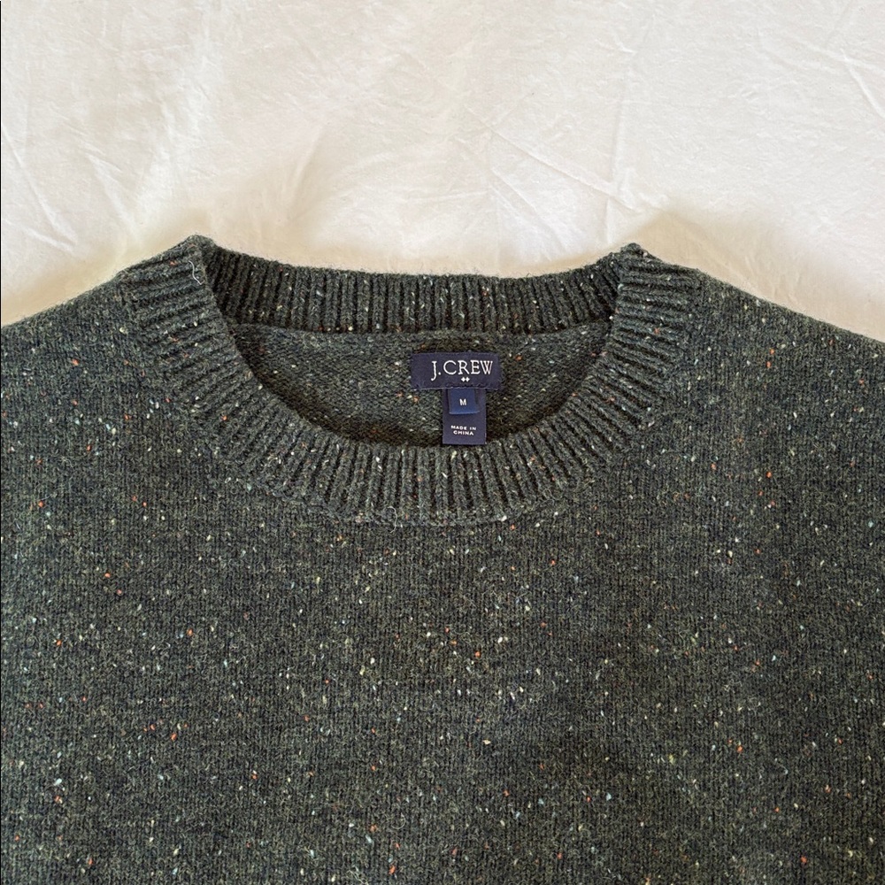 J. Crew Forest Green Crewneck Sweater with Leather Elbow Patches - Picture 2 of 10